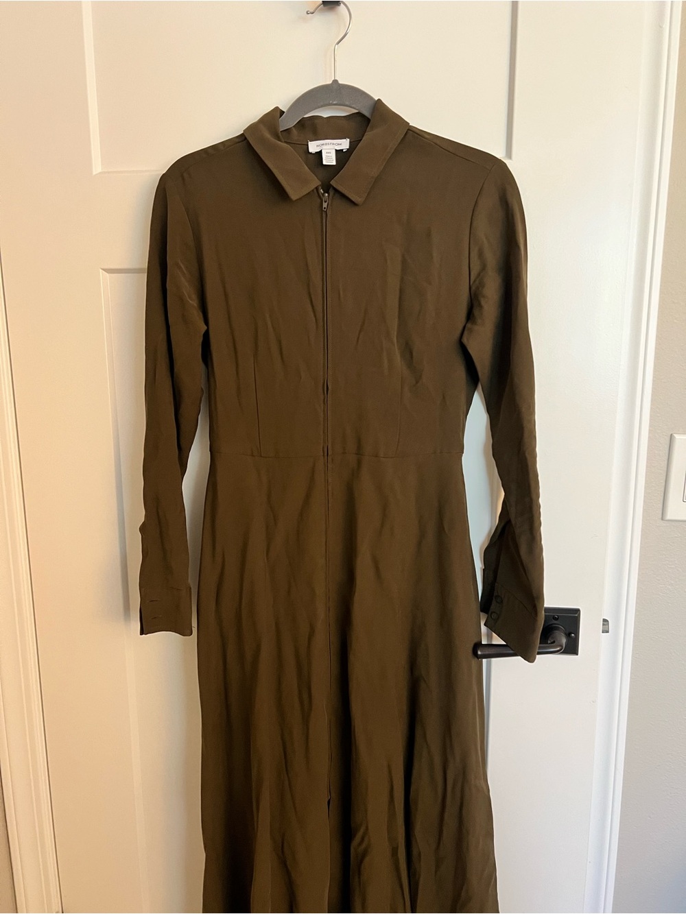 Nordstrom Olive Green Long Sleeve Zip-Front Dress with Pockets